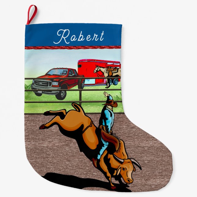 Western Rodeo Cowboy Bull Riding Large Christmas Stocking (Front)