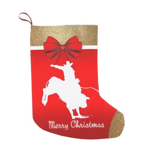 Western Rodeo Cowboy Bull Riding on Red Small Christmas Stocking