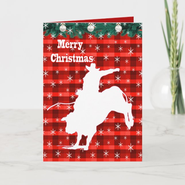 Western Rodeo Cowboy Bull Riding  Plaid Holiday Card (Front)