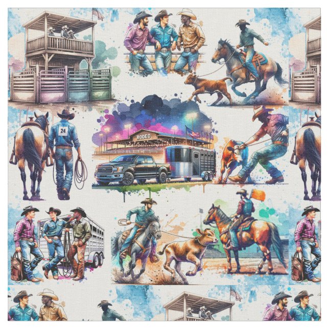 Western Rodeo Cowboy Calf Roping  Fabric (Close Up)