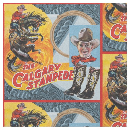 Western Rodeo Cowboy Collage Print With Red Border Fabric