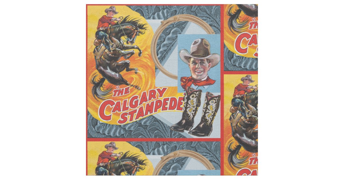 Western Rodeo Cowboy Collage Print With Red Border Fabric | Zazzle