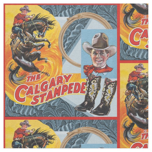 Western Rodeo Cowboy Collage Print With Red Border Fabric (Close Up)