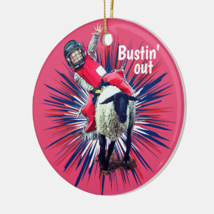 Western Rodeo Cowboy Cowgirl Mutton Busting Ceramic Ornament