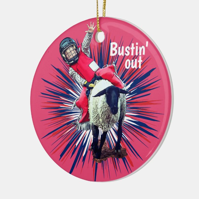 Western Rodeo Cowboy Cowgirl Mutton Busting Ceramic Ornament (Left)