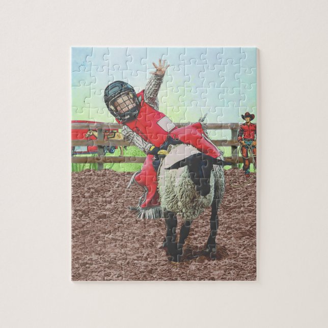 Western Rodeo Cowboy Cowgirl Mutton Busting Jigsaw Puzzle (Vertical)