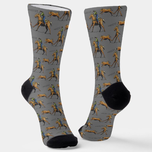Western Rodeo Cowboy Cowgirl Roping Calves Socks (Angled)
