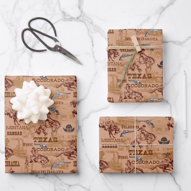 Western Rodeo Cowboy Cowhand 6 Shooter Wrapping Paper Sheets (Front)