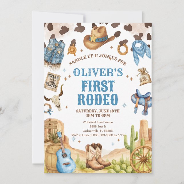 Western Rodeo Cowboy First Rodeo 1st Birthday Invitation (Front)