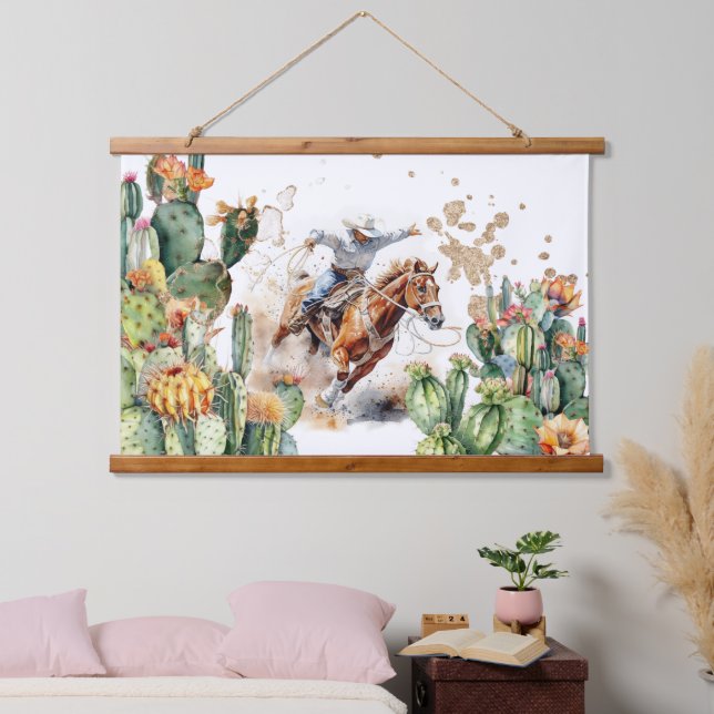 Western rodeo cowboy horse watercolor cactus hanging tapestry (Bedroom)