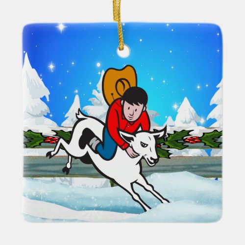 Western Rodeo Cowboy Kid Mutton Buster Snow Scene Ceramic Ornament