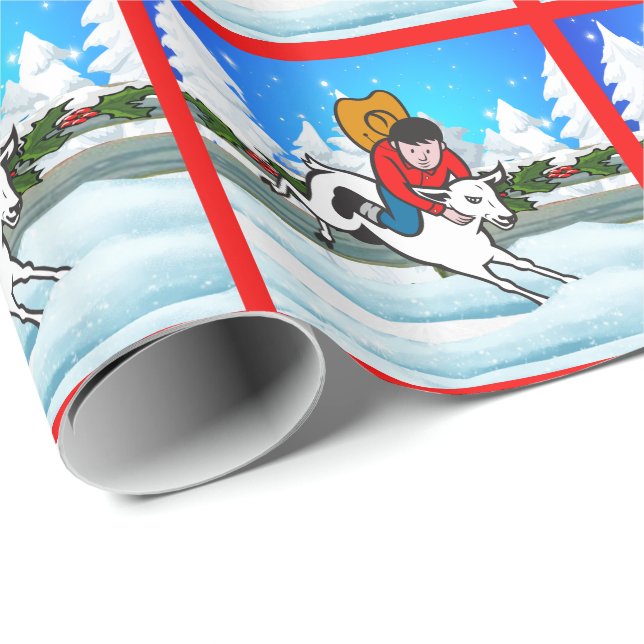 Western Rodeo Cowboy Kid Mutton Buster Snow Scene Wrapping Paper (Roll Corner)