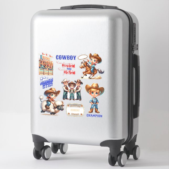 Western Rodeo Cowboy Kid Riding Events Custom Name Sticker (Suitcase)