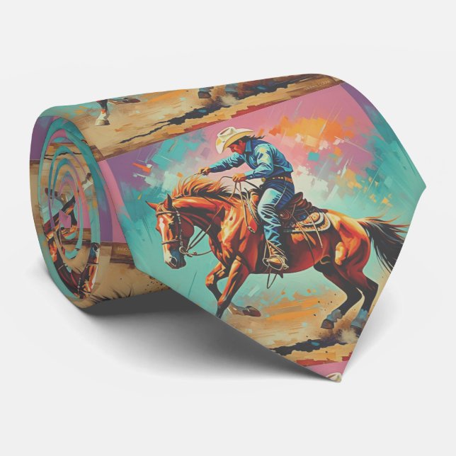 Western Rodeo Cowboy on Horse that is Bucking Neck Tie (Rolled)