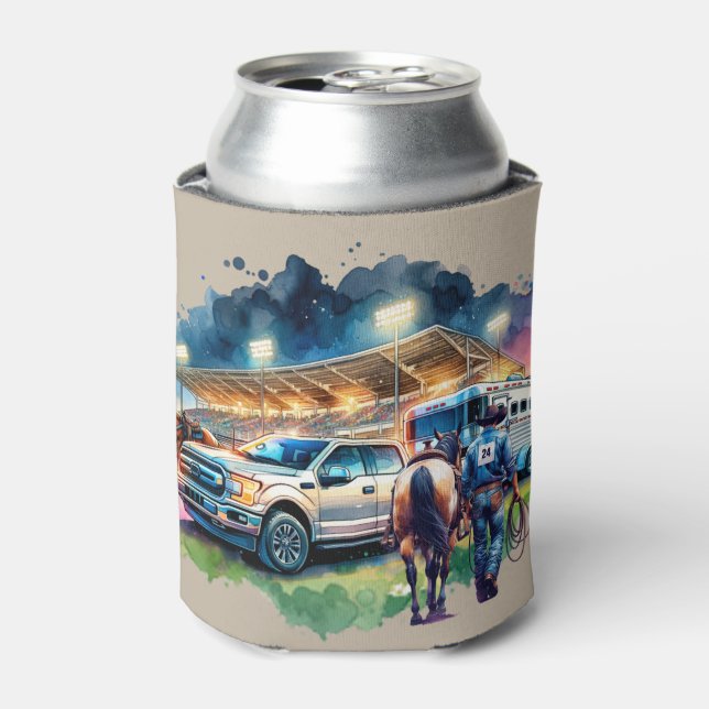 Western Rodeo Cowboy Roper Truck and Trailer Can Cooler (Can Front)