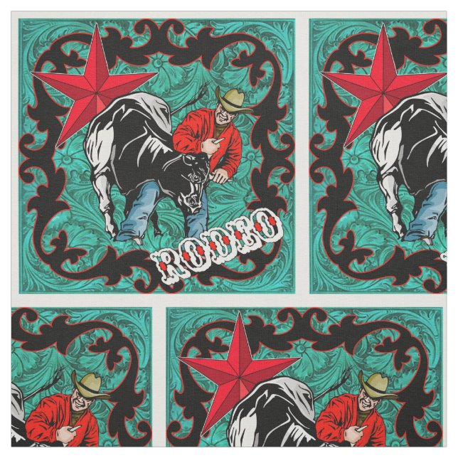 Western Rodeo Cowboy Steer Wrestling Faux Leather Fabric (Swatch)