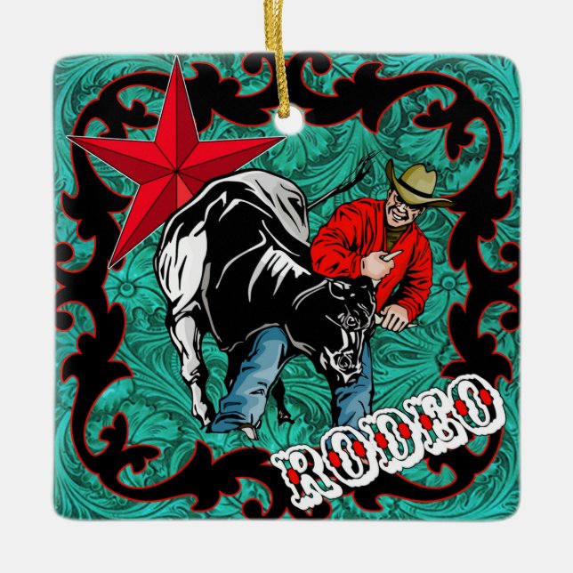 Western Rodeo Cowboy Steer Wrestling Ornament (Front)