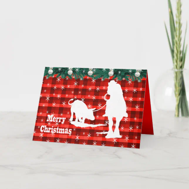 Western Rodeo Cowboy Team Roping Plaid Holiday Card | Zazzle
