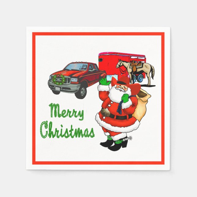 Western Rodeo Cowboy Truck Trailer Santa Christmas Napkins (Front)