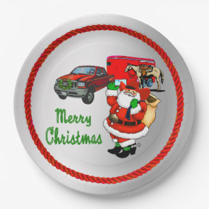 Western Rodeo Cowboy Truck Trailer Santa Christmas Paper Plates