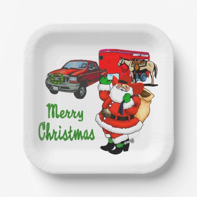 Western Rodeo Cowboy Truck Trailer Santa Christmas Paper Plates (Front)