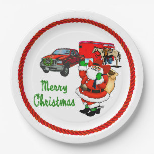 Western Rodeo Cowboy Truck Trailer Santa Christmas Paper Plates