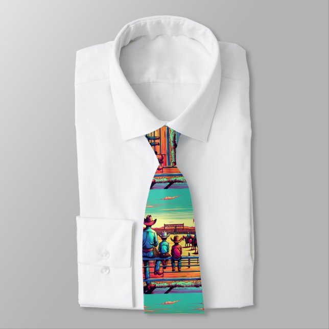 Western Rodeo Cowboys On The Fence Neck Tie (Tied)