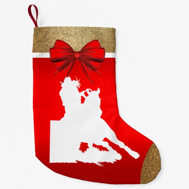 Western Rodeo Cowgirl Barrel Racing on Red Small Christmas Stocking (Front)
