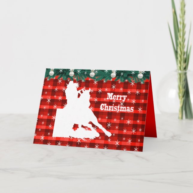 Western Rodeo Cowgirl Barrel Racing Plaid Holiday Card (Front)