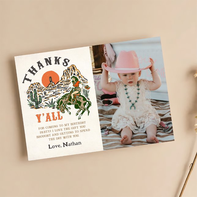Western Rodeo Cowgirl Birthday Photo Thank You Card (Creator Uploaded)