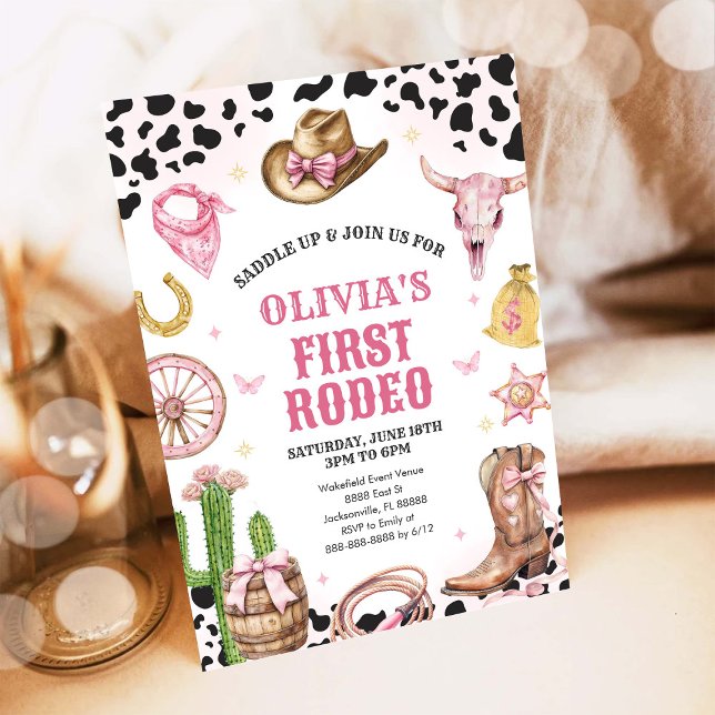 Western Rodeo Cowgirl First Rodeo 1st Birthday Invitation (Creator Uploaded)