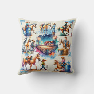 Western Rodeo Cowgirl Kids and Horse Scenes Throw Pillow