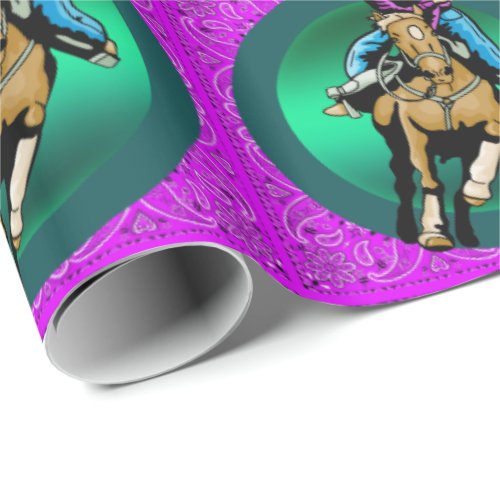 Western Rodeo Cowgirl On Running Horse Barrel Race Wrapping Paper