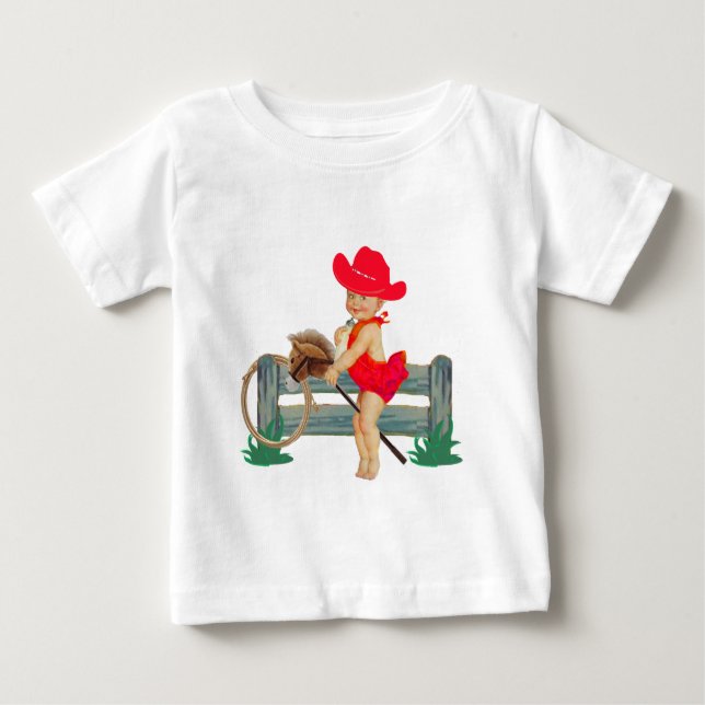 Western Rodeo Cowgirl on Stick Horse Baby T-Shirt (Front)