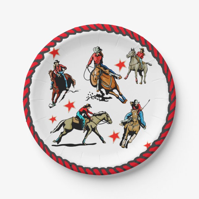 Western Rodeo Cowgirls On Horses Paper Plates (Front)