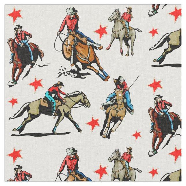 Western Rodeo Cowgirls Riding Horses Design Fabric (Close Up)