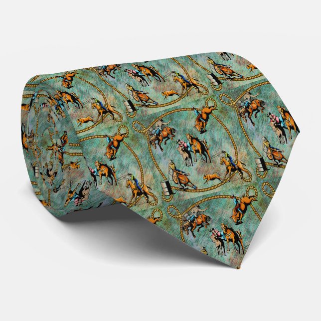 Western Rodeo Event Scene Cowboy Cowgirls Horses Neck Tie (Rolled)
