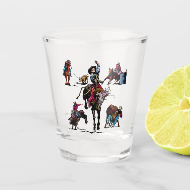 Western Rodeo Events Cowboy Cowgirl Horses Shot Glass (Front)