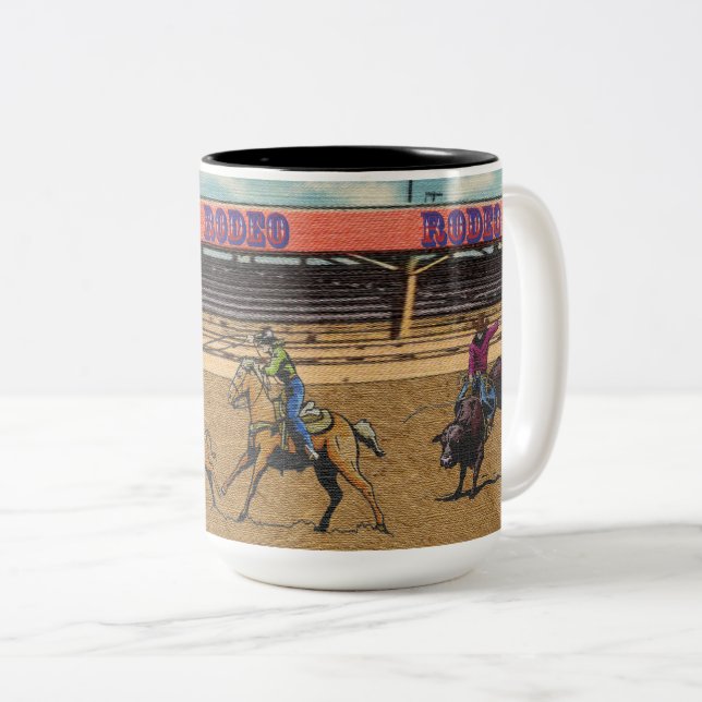  Western Rodeo Events Cowboys Roping Horses Bulls  Two-Tone Coffee Mug (Front Right)