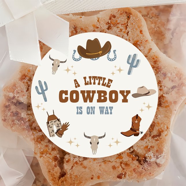 Western Rodeo Little Cowboy Baby Shower Classic Round Sticker (Creator Uploaded)