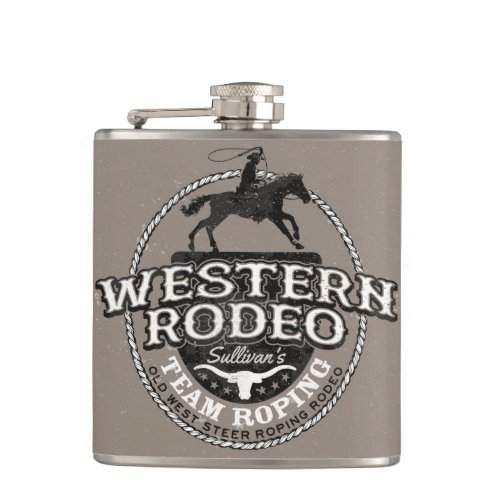 Western Rodeo Old West Steer Roping Personalized Flask
