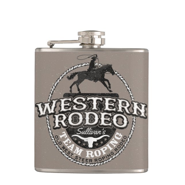 Western Rodeo Old West Steer Roping Personalized Flask (Front)