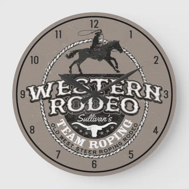 Team Roping Wall Clock Western Rodeo Old West Steer Roping Personalized Large Clock | Zazzle