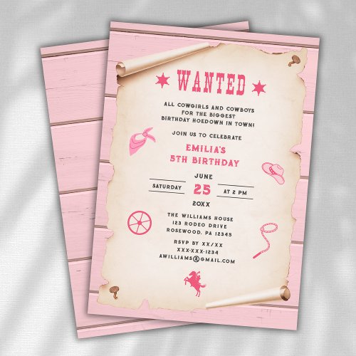 Western Rodeo Wanted Pink Girl Birthday Invitation