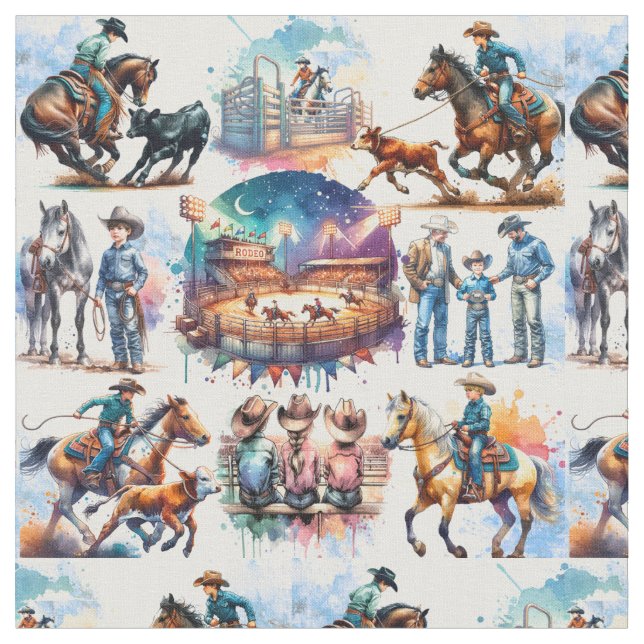 Western Rodeo Young Cowboy Calf Roping Fabric (Close Up)