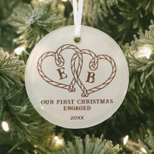 Western Rope Hearts Monogram 1st Christmas Engaged Glass Ornament