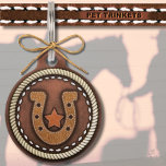 Western Rope Stitched Leather Horseshoe Star Pet ID Tag<br><div class="desc">Unique and cute western style leather pet tag features a large stitched horseshoe and a star that are encircled by a rope lariat. Cowboys and cowgirls everywhere love the rustic and country look that makes their fur baby the talk of the rodeo. Not only is this tag a hit around...</div>