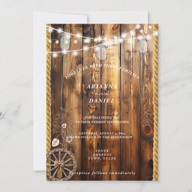 Western Rope Wagon Wheel Mason Jar String Lights  Invitation (Front)