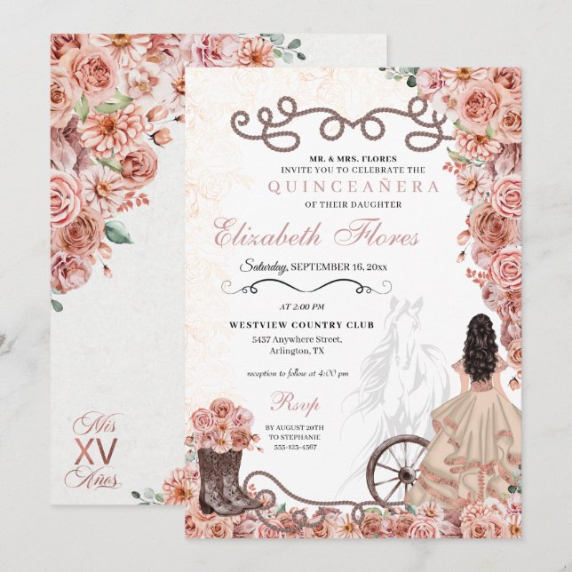 Western Rose Gold Princess Charra Quinceañera Invitation (Front/Back)