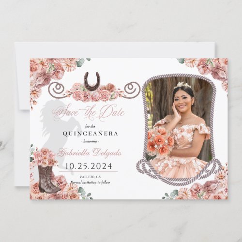Western Rose Gold Quinceaera Save The Date Photo Invitation